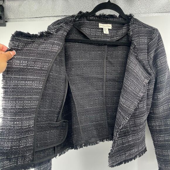 Adrienne Vittadini Women’s Medium Black White Open Front Tweed Fringe Blazer - Picture 6 of 14